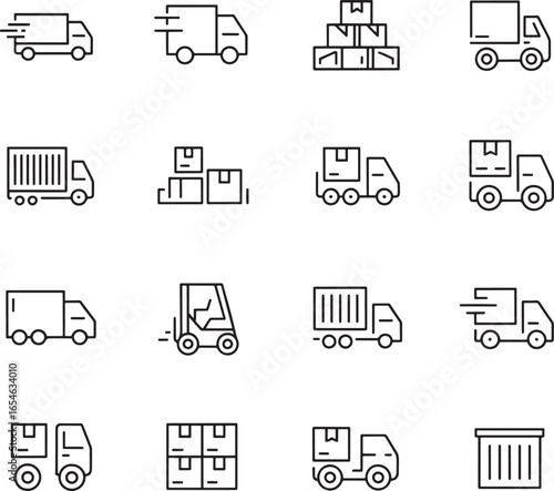 Logistics and Shipping Icons Collection Delivery Trucks, Packages, and Transportation Line Art Set for Global Supply Chain.