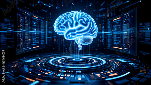 A dark background on human brain convert to artificial intelligence technology.