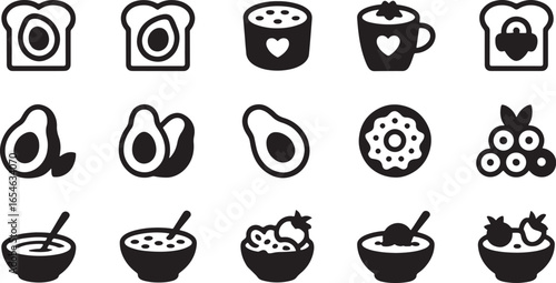 Healthy Breakfast Icons Avocados, Cereal Bowls, and Fruit