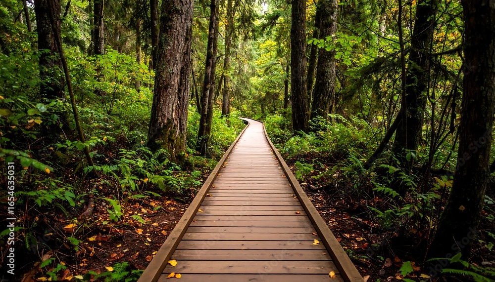 Obraz premium Wooden path through lush forest