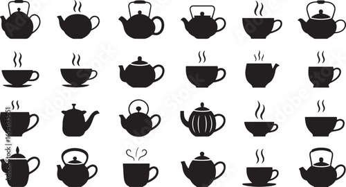Assorted Tea Pots and Cups A Collection of Black and White Silhouettes