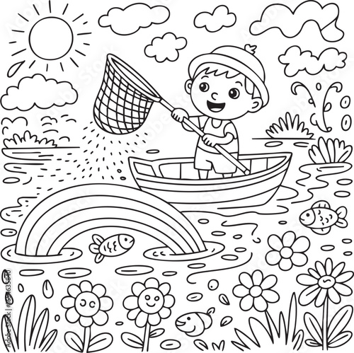 need kinds of Crayon drawn kid doodle collection. Colorful childish elements like clouds, flowers, water, rainbows, fish, boat, fisherman, net, river and sun. Adorable girly doodle collection. Naïve 