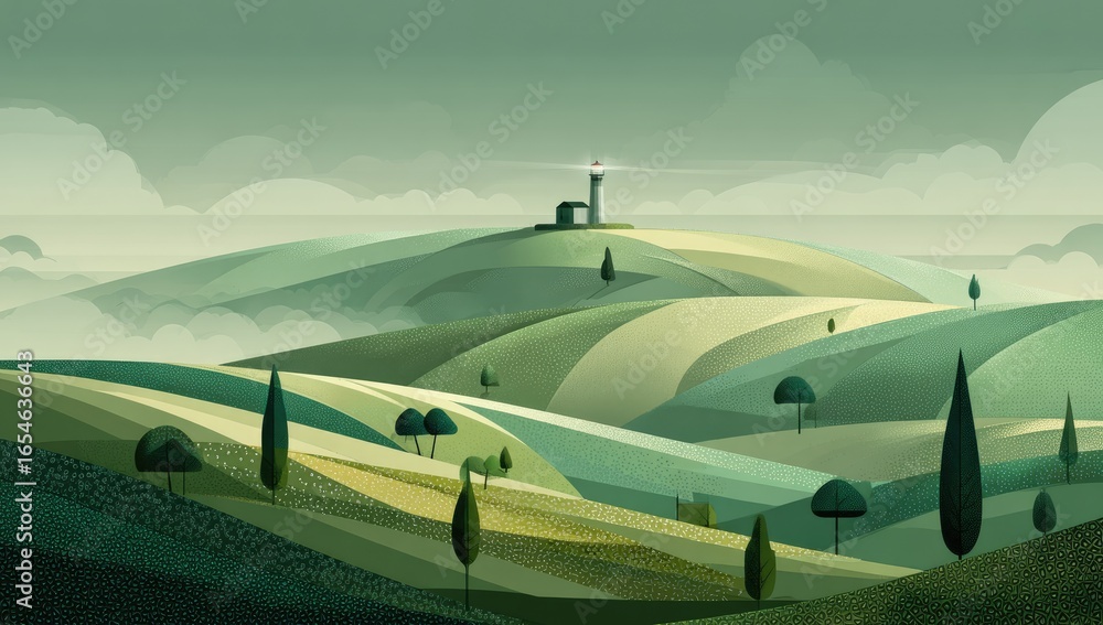 Fototapeta premium Misty hill landscape with lighthouse