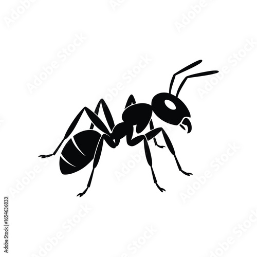 Black ant silhouette isolated on white background, vector insect illustration, minimal entomology design, pest control and nature wildlife graphic art