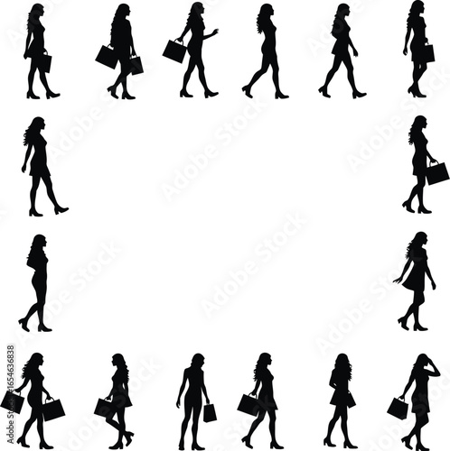 Women shopping silhouettes frame border design