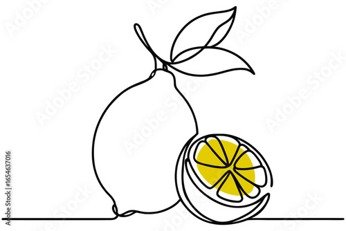 Lemon and half of lemon one line. Continuous line drawing of citrus fruits, vector.