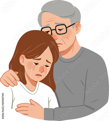 Elderly man comforting a crying young woman with his arm around her shoulder sadness grief