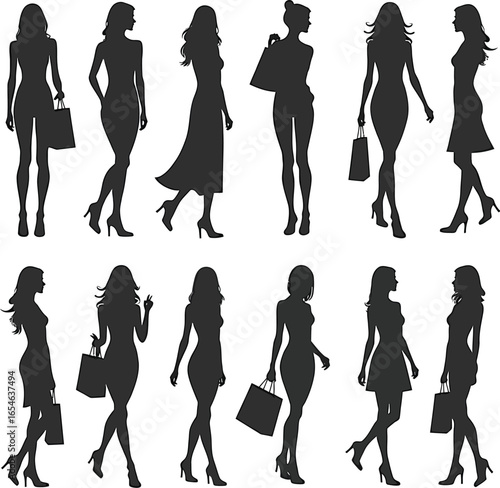 Twelve silhouettes of women shopping stylishly
