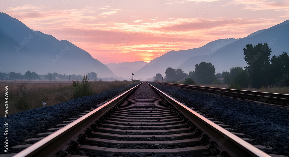 Fototapeta premium Railroad Tracks Leading to a Sunset with Mountains and a Peaceful Landscape Scene
