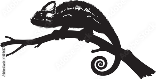 Black silhouette of a chameleon perched on a branch with a coiled tail reptile lizard
