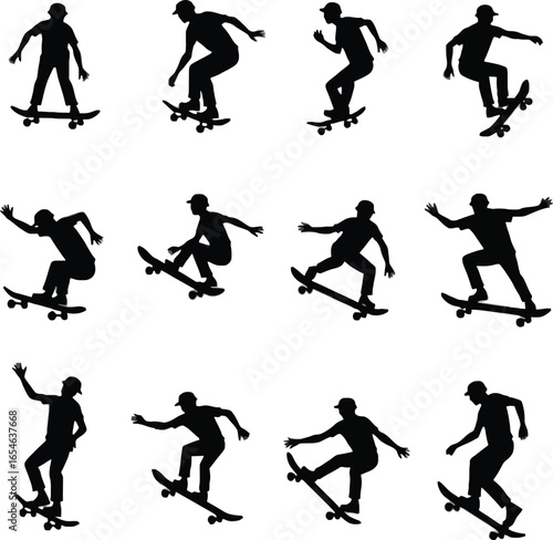 Skateboarder silhouettes action poses extreme sports