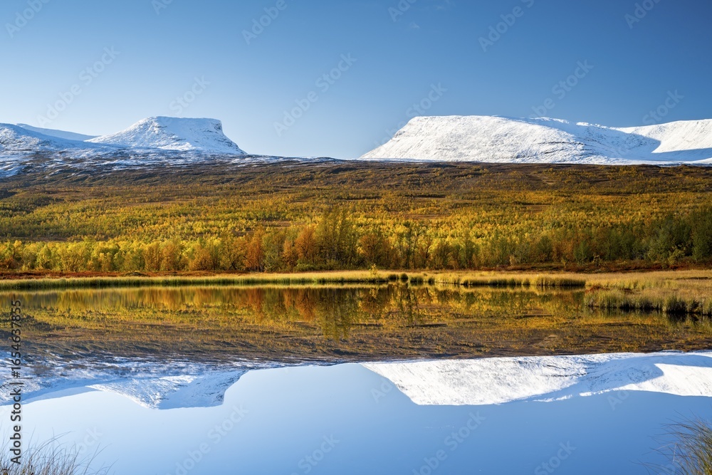 Mountain group Lapporten reflected in small pond, autumnal fell landscape, Abisko, Lapland, Sweden Mountain group Lapporten reflected in small pond, autumnal fell landscape, Abisko, Lapland, Sweden