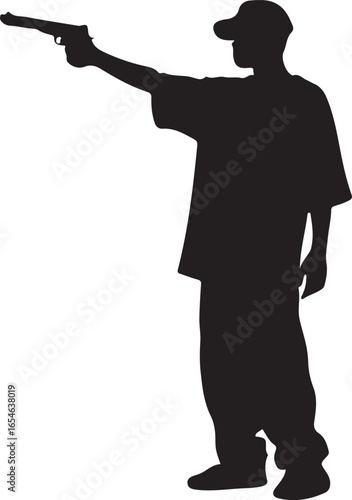 Black silhouette of a person wearing a baseball cap and loose clothing holding a handgun male