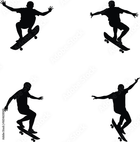 Four skateboarder silhouettes action poses extreme sports