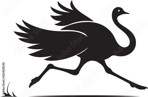 Black silhouette of an ostrich running with wings spread bird speed