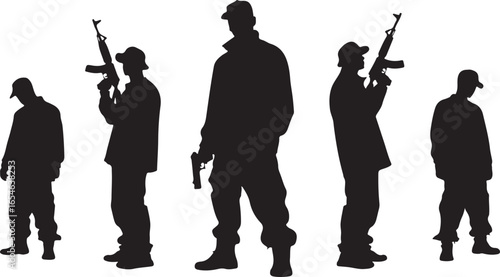Five black silhouettes of men holding firearms against a white background group armed