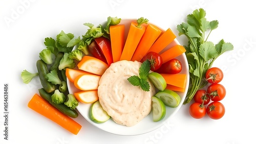 Wallpaper Mural A colorful appetizer plate featuring fresh vegetables and dip, arranged neatly on a white background. Torontodigital.ca