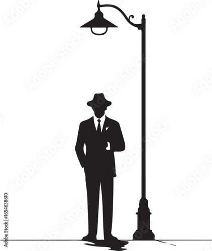 Silhouette of a man in a suit and hat standing by a vintage street lamp person male
