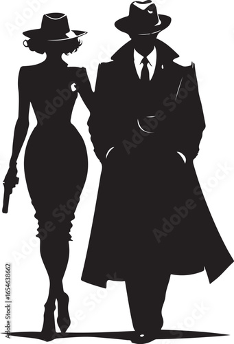 Silhouette of a man in a trench coat and fedora with a woman holding a pistol vector