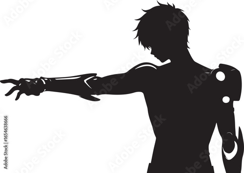 Silhouette of a man with cybernetic arm reaching forward male hand