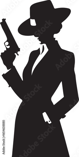 Silhouette of a woman in a hat holding a handgun female pistol