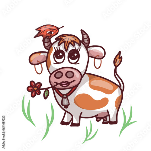 Funny cartoon white and red cow with flower in its mouth, leaf on its horn and bell on the neck