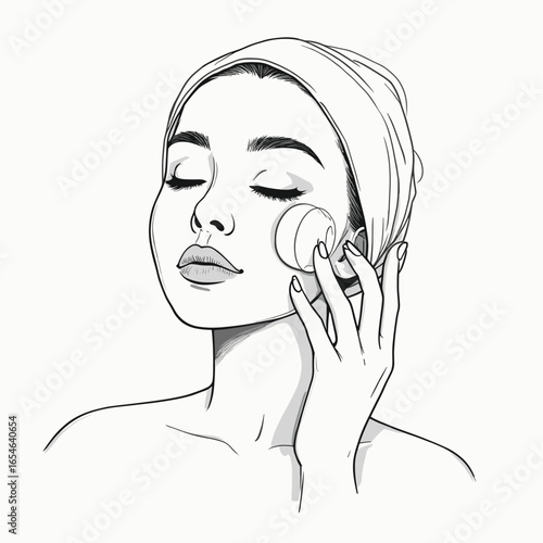 Young woman cleansing her face with cotton pad in minimalist style  