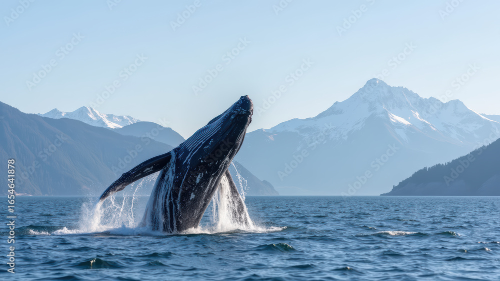 Fototapeta premium Majestic whale breaches surface of tranquil ocean, surrounded by stunning mountains and clear blue skies. scene captures beauty of nature