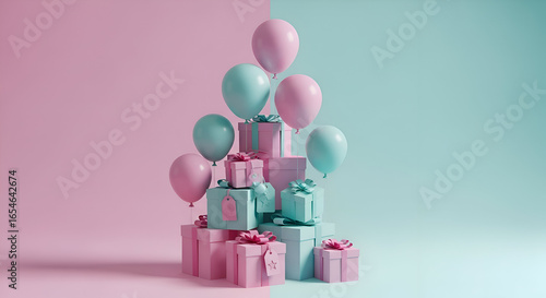 Celebratory tower of pastel pink and blue gift boxes and balloons stacked for a birthday, baby shower, or gender reveal party.