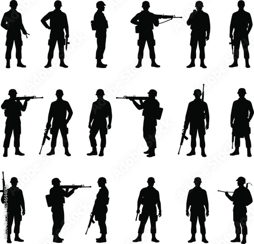 Silhouettes of soldiers in various poses with rifles