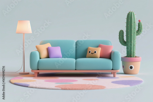 3D cartoon living room sofa, coffee table, floor lamp and potted plant scene design