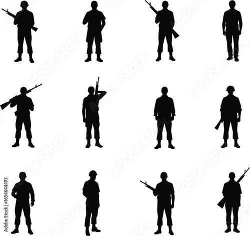 Twelve military silhouettes diverse poses weaponry
