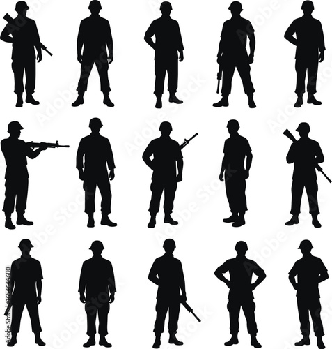 Twelve silhouettes of soldiers in various poses with weapons
