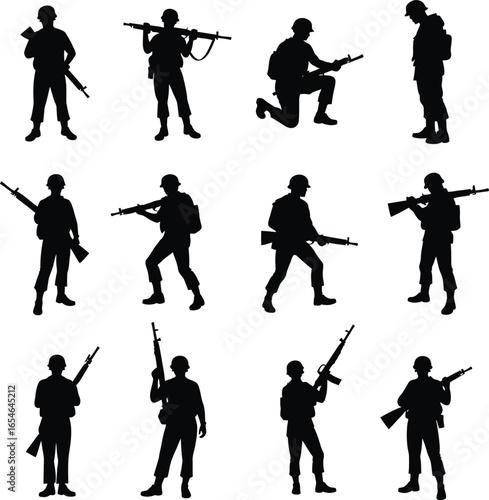 Twelve silhouettes of soldiers in various poses with rifles