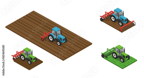 Isometric tractors on farmland: vibrant agricultural machinery scene in perspective