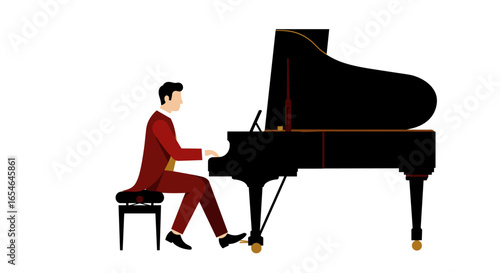Elegant pianist playing grand piano in minimalist style