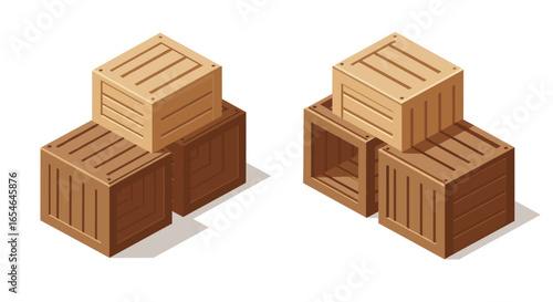 Isometric wooden crates stack: storage solutions in brown and beige