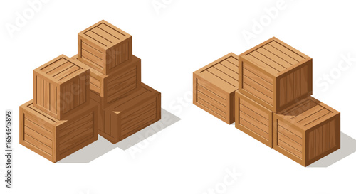 Isometric wooden crates: stacked wood boxes for storage and shipping