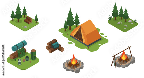 Isometric camping scene with tent, campfire, and forest elements