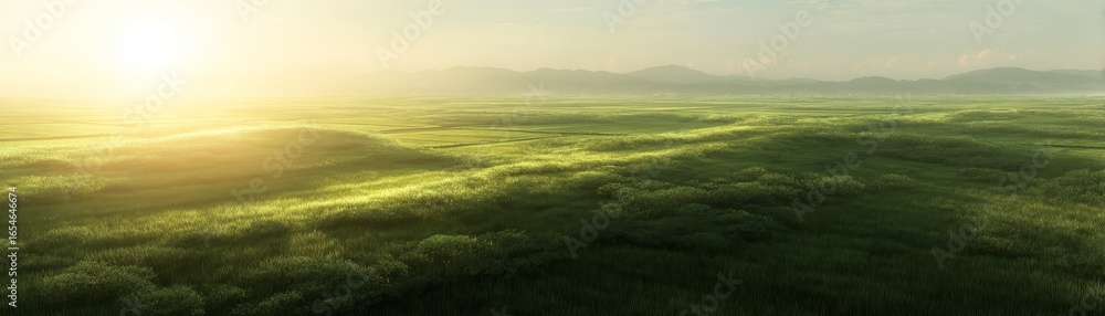 Obraz premium A vast open grassy field basks in the warm golden light of a brilliantly shining sun creating a serene and tranquil natural landscape perfect for evoking feelings of peace