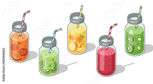 Colorful assorted smoothies in mason jars with striped straws on white background in isometric style