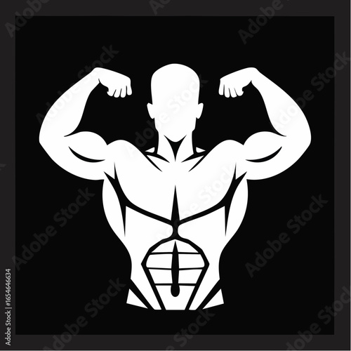 White silhouette of a muscular man against a black background on white background.