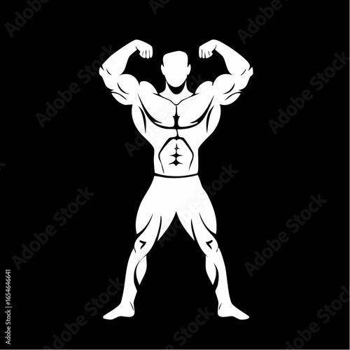 White silhouette of a muscular man against a black background on white background.