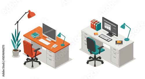 Modern office workspace with isometric desks and chairs