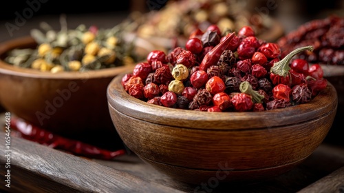 Dried Sichuan Peppercorns and Chilies in Rustic Wooden Bowls