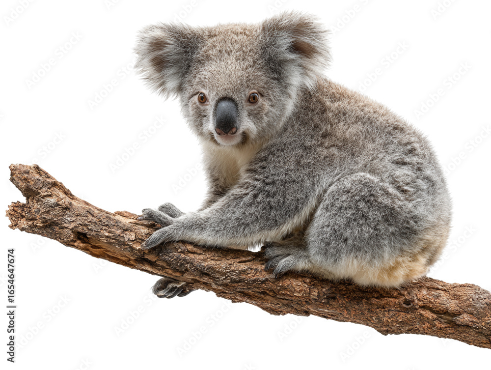 Fototapeta premium Koala sitting on branch, isolated on white background