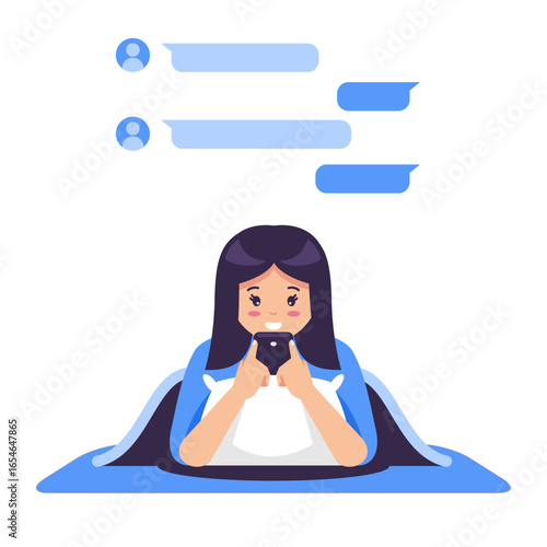 young woman laying down on blue bed using smartphone and smile, front view, chatting concept