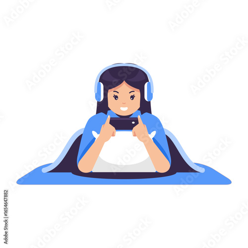 young woman laying down on blue bed using smartphone and headphone for playing game, front view, gamer concept