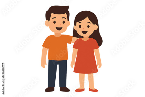 Cute Cartoon Boy and Girl Smiling Standing Together in Friendship Scene