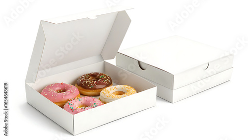 An open white box filled with assorted donuts, isolated on white background, showcases a delightful assortment of sweet treats, alongside a closed box